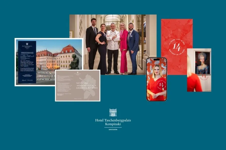 Die Grafik zeigt eine Collage der Arbeiten von den ERFOLGSVISIONÄREN für Hotel Taschenbergpalais Kempinski Dresden.