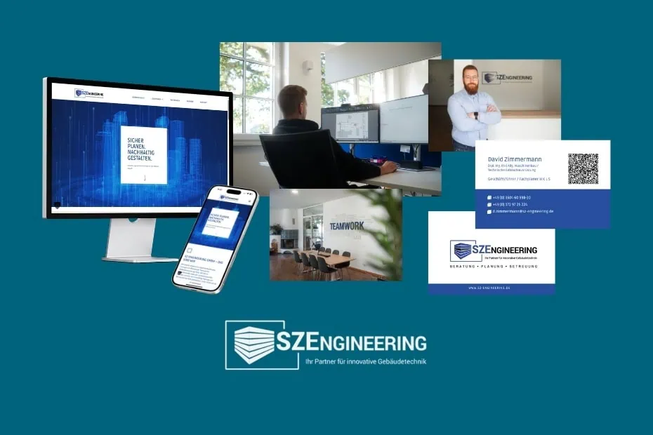 Die Grafik zeigt eine Collage der Arbeiten von den ERFOLGSVISIONÄREN für SZ Engineering GmbH.
