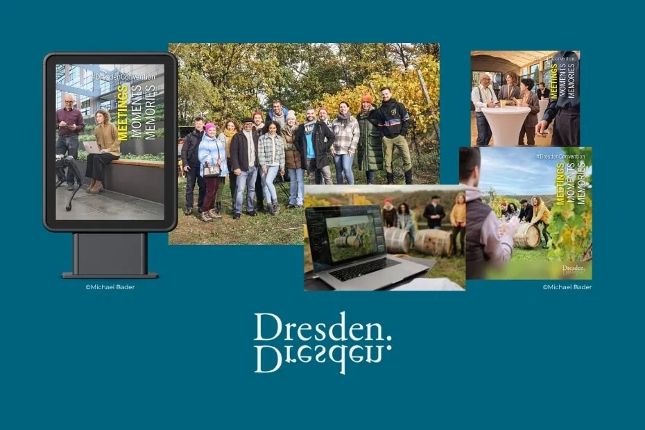 Die Grafik zeigt eine Collage der Arbeiten von den ERFOLGSVISIONÄREN für Dresden Marketing.