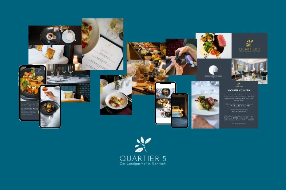 Die Grafik zeigt eine Collage der Arbeiten von den ERFOLGSVISIONÄREN für Hotel & Restaurant Quartier 5.