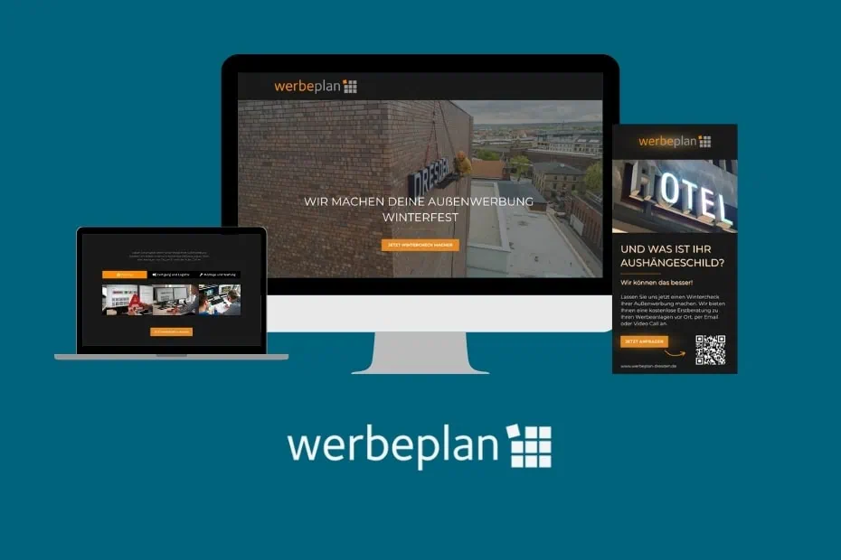 Die Grafik zeigt eine Collage der Arbeiten von den ERFOLGSVISIONÄREN für Werbeplan Dresden.