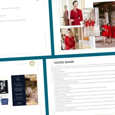 Die Grafik zeigt Dokumente aus der Strategiepräsentation für Hotel Taschenbergpalais Kempinski Dresden.