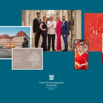 Die Grafik zeigt eine Collage der Arbeiten von den ERFOLGSVISIONÄREN für Hotel Taschenbergpalais Kempinski Dresden.